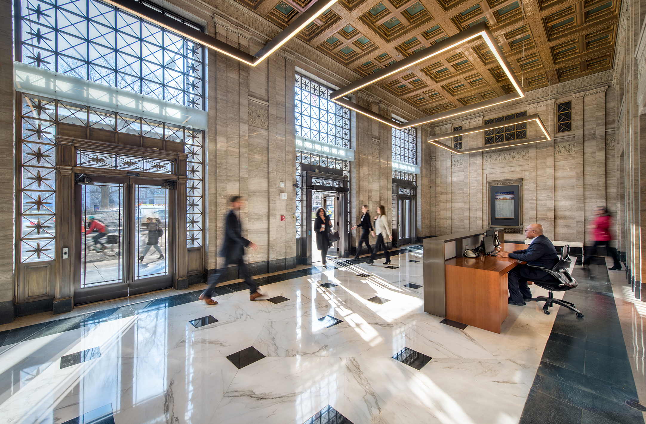 Alternative view of the 1500 K Street DC office building lobby featuring historic entrance and ceiling